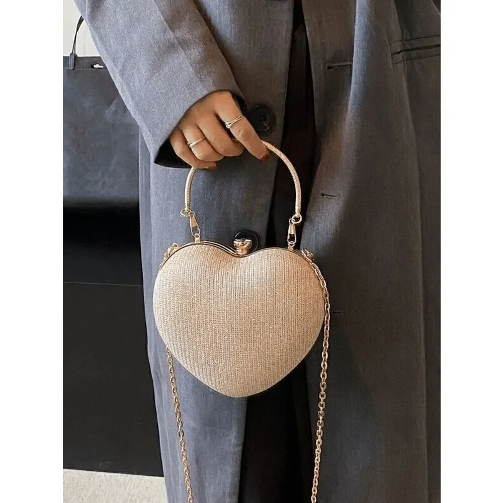 ❤️✨ Gold Sparkling Glitter Heart Shaped Top Handle Chain Clutch Purse Bag NEW